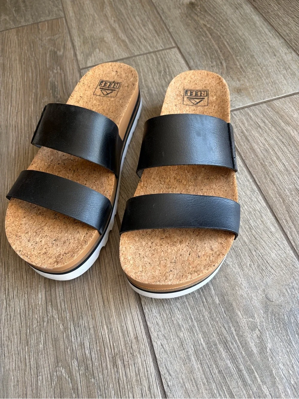 Reef black with white sole Cork Slide Sandals